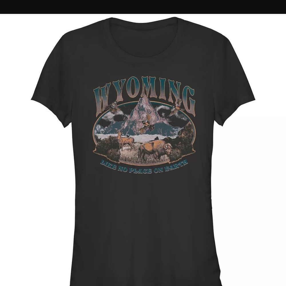 Juniors' Wyoming Like No Place On Earth Mountain Scene Fitted Tee